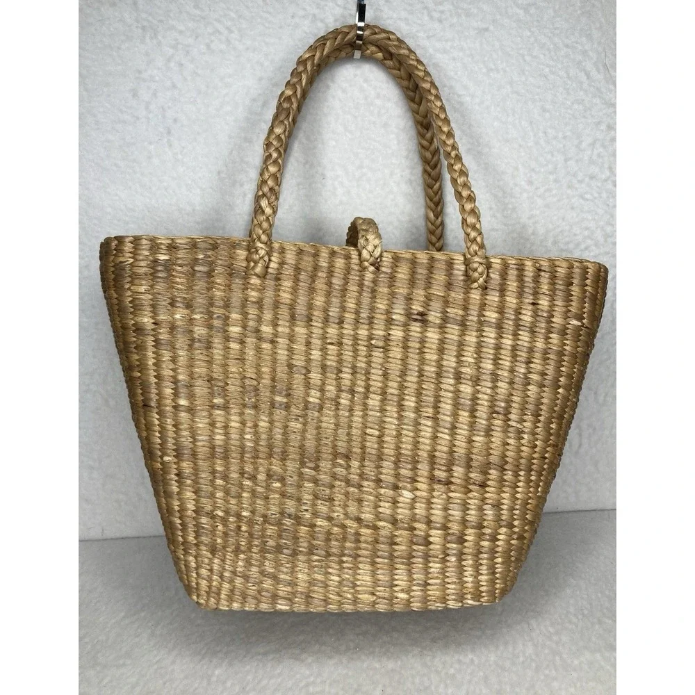 Vintage Handwoven Straw Wicker Purse Market Tote Bag Wooden Rattan Boho Beach